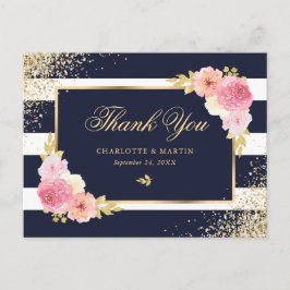 Carte Postale Remerciement de mariage floral bleu marine or rose