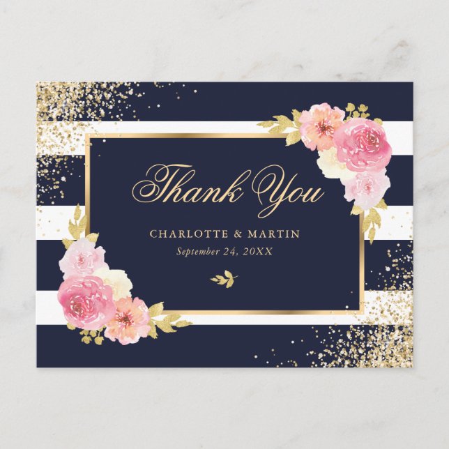 Carte Postale Remerciement de mariage floral bleu marine or rose (Devant)