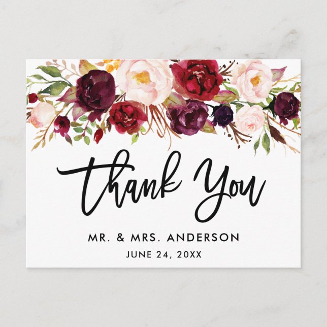 Carte Postale Remerciement de mariage floral bordeaux écriture p (Devant)
