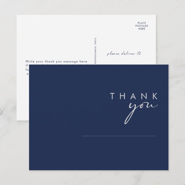 Carte Postale Remerciement de mariage moderne minimal bleu marin (Devant / Derrière)