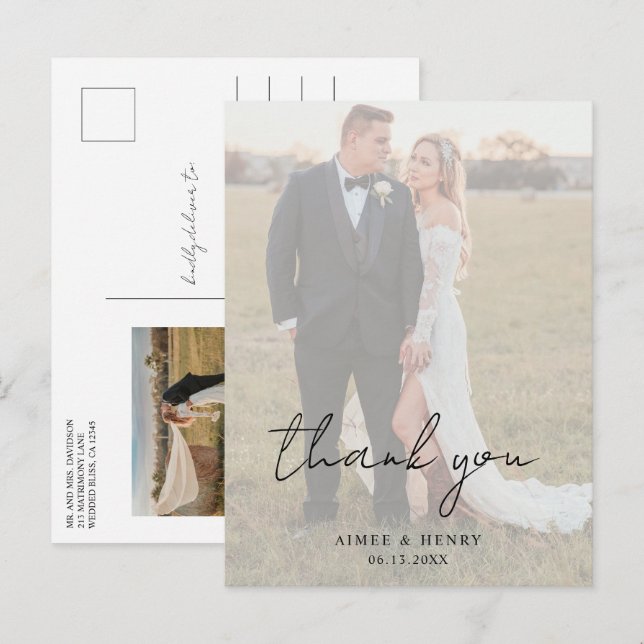 Carte Postale Remerciement de mariage moderne photo écriture rus (Devant / Derrière)