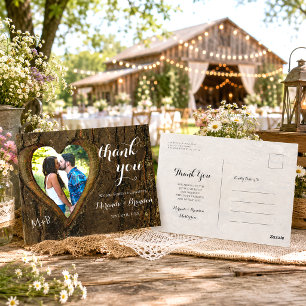 Carte Postale Remerciement de mariage photo cœur en bois rustiqu