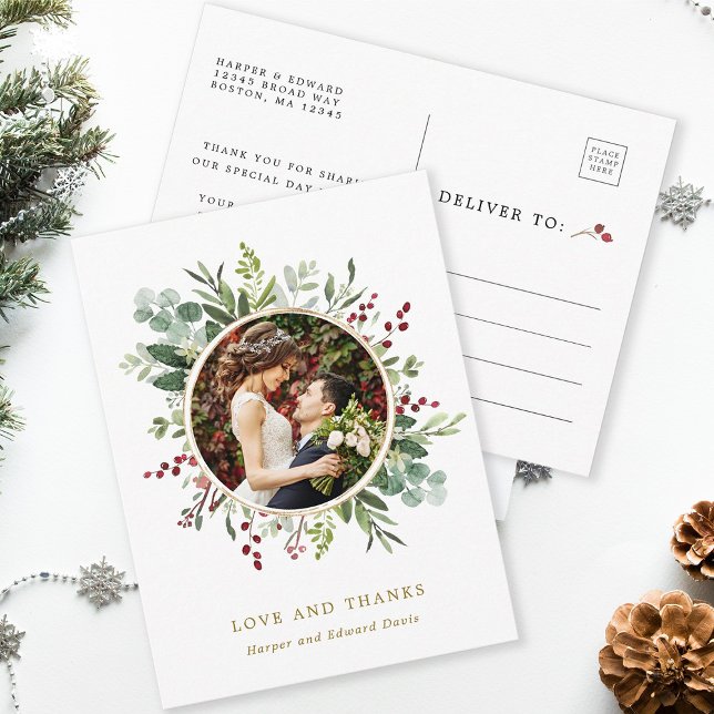 Carte Postale Remerciement de mariage Photo de Noël botanique do (Front & Back)
