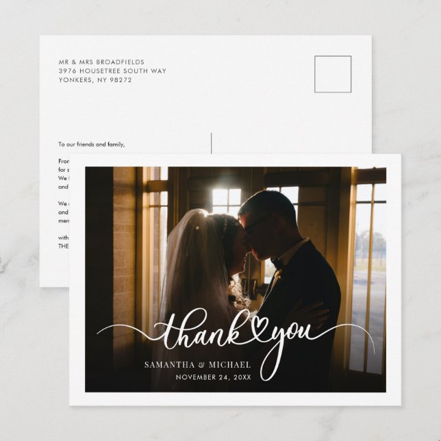 Carte Postale Remerciement de mariage photo écriture manuscrite  (Devant / Derrière)