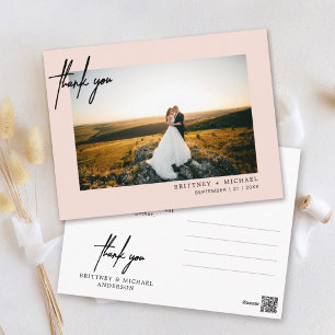Carte Postale Remerciement de mariage photo écriture moderne ros