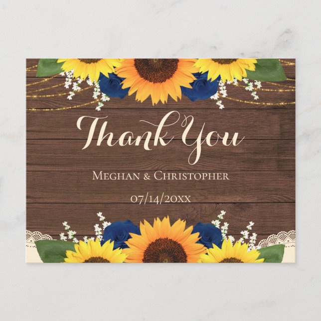 Carte Postale Remerciement de mariage tournesols en bois rustiqu (Devant)