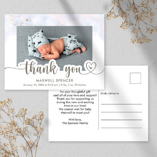 Carte Postale Remerciement de photo de bébé garçon en calligraph