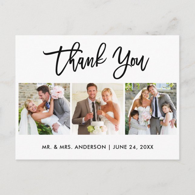 Carte Postale Remerciement de photo de mariage 3 écriture Modern (Devant)