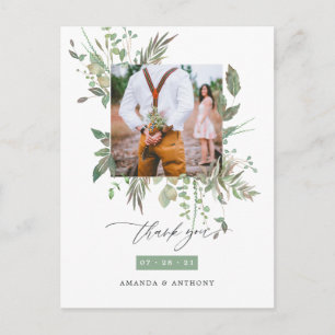 Carte Postale Remerciement de photo de mariage à la gouache vert