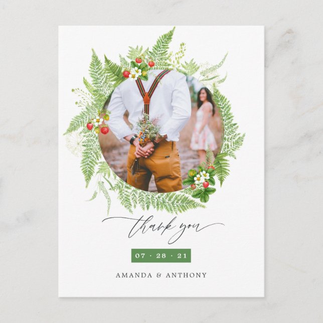 Carte Postale Remerciement de photo de mariage à la gouache vert (Devant)