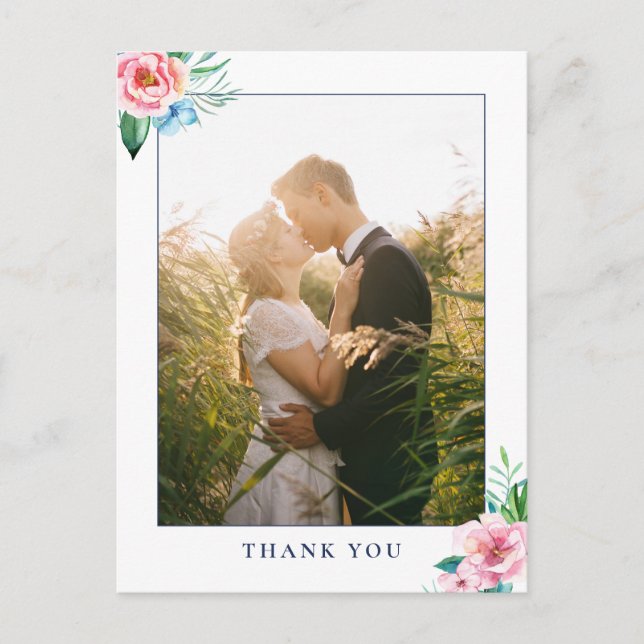 Carte Postale Remerciement de photo de mariage à l'aquarelle flo (Devant)