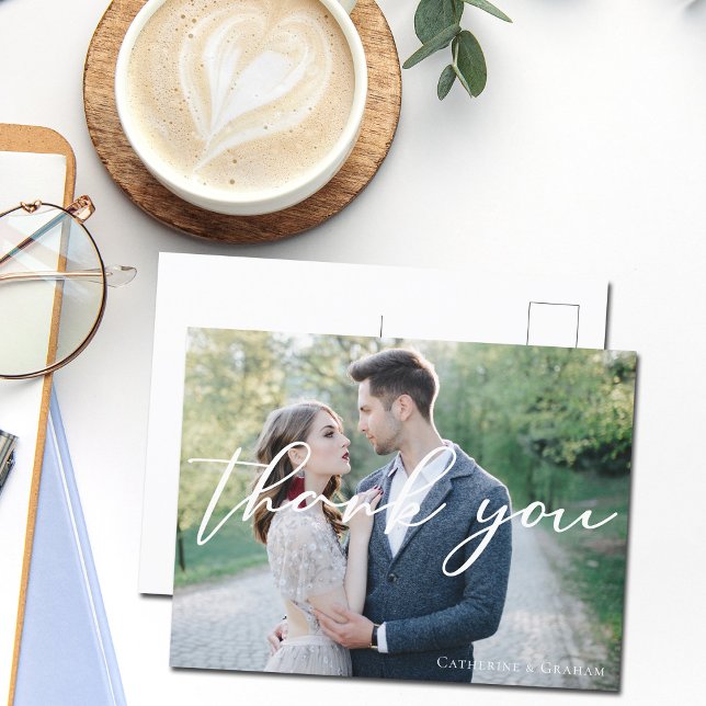 Carte Postale Remerciement de photo de mariage à l'écriture blan (Créateur téléchargé)