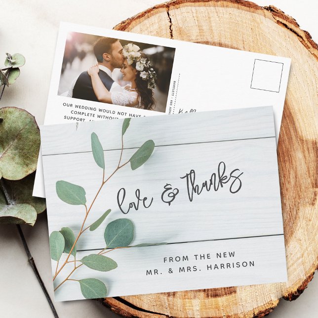 Carte Postale Remerciement de photo de mariage au eucalyptus rus (Rustic Eucalyptus Wedding Photo Thank You Postcard)