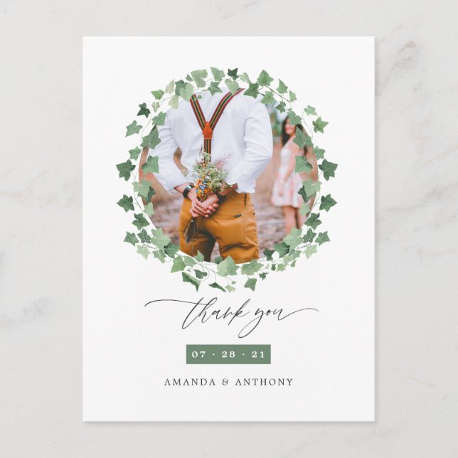 Carte Postale Remerciement de photo de mariage de forêt à l'aqua (Devant)