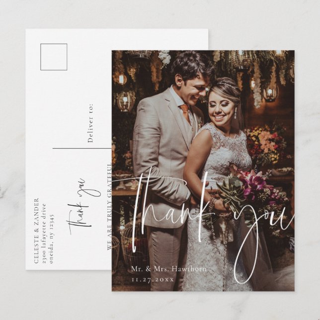 Carte Postale Remerciement de photo de mariage de script moderne (Devant / Derrière)