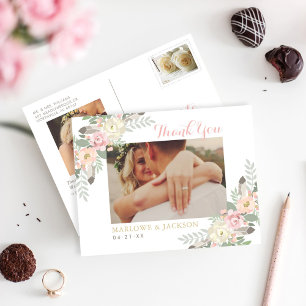 Carte Postale Remerciement de Photo de Mariage Fleurie Rose