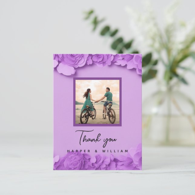 Carte Postale Remerciement de photo de mariage floral violet (Debout devant)