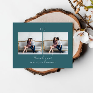Carte Postale Remerciement de photo de mariage sarcelle Monogram