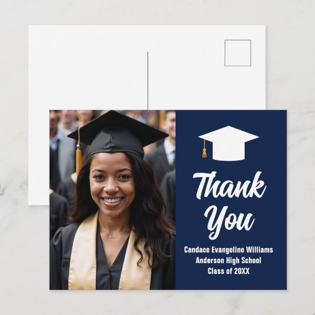 Carte Postale Remerciement de photo de remise des diplômes bleu  (Devant / Derrière)