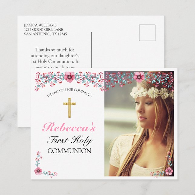Carte Postale Remerciement de première communion croix dorée fle (Devant / Derrière)