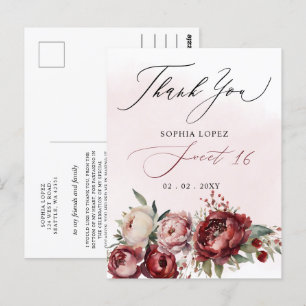 Carte Postale Remerciement de Sweet 16 Fleurs Élégantes Rouge Bo