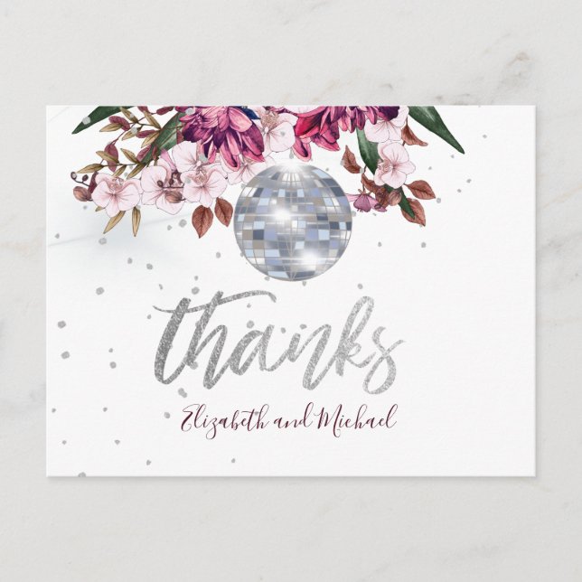Carte Postale Remerciement disco élégant mariage bordeaux argent (Devant)