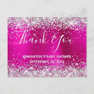 Carte Postale Remerciement Fête de Bébé Paillettes Argent Rose C