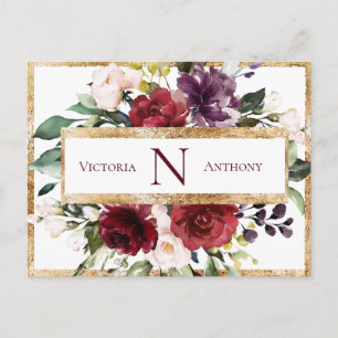 Carte Postale Remerciement Fleur Florale Monogramme Bourgogne Or