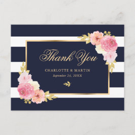 Carte Postale Remerciement floral bleu marine or rose poudré