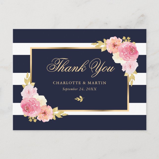 Carte Postale Remerciement floral bleu marine or rose poudré (Devant)
