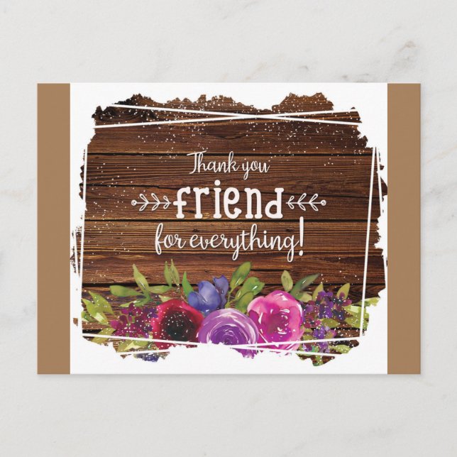 Carte Postale Remerciement Floral Bois Rustique pour un Ami (Devant)