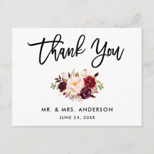 Carte Postale Remerciement Floral de Mariage Bordeaux en Écritur