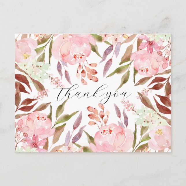 Carte Postale Remerciement floral de pivoine rose aquarelle (Devant)