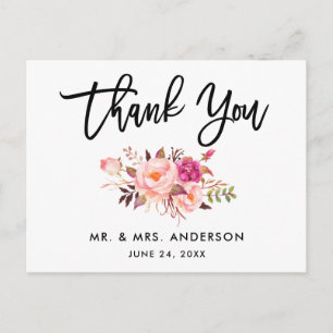 Carte Postale Remerciement floral rose de mariage en écriture Br