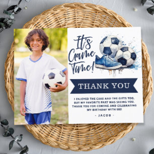 Carte Postale Remerciement Photo Aquarelle Enfants Football Bleu