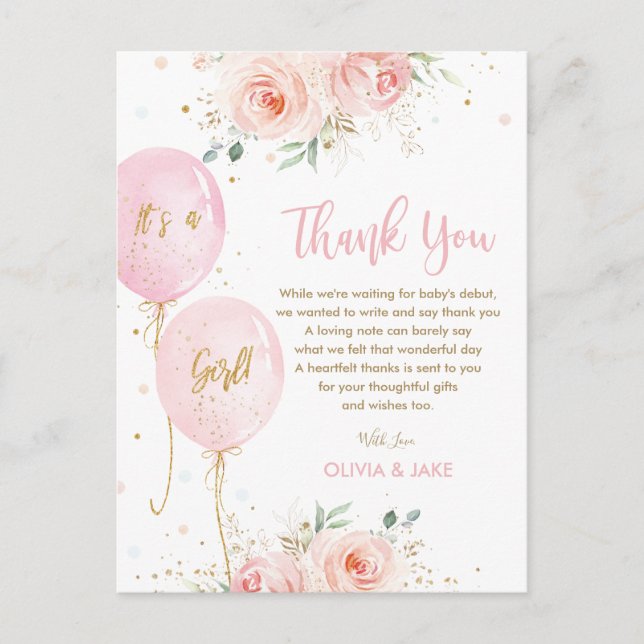 Carte Postale Remerciement pour Baby Shower Ballons Floraux Rose (Devant)