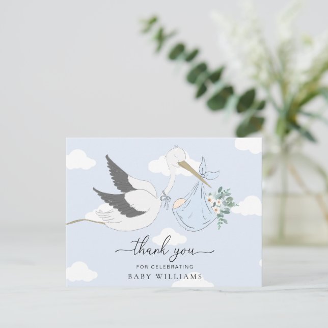 Carte Postale Remerciement pour Baby Shower Blue Stork (Debout devant)