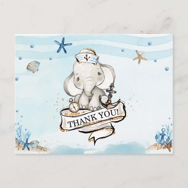Carte Postale Remerciement pour Baby Shower Chic Éléphant Marin  (Devant)