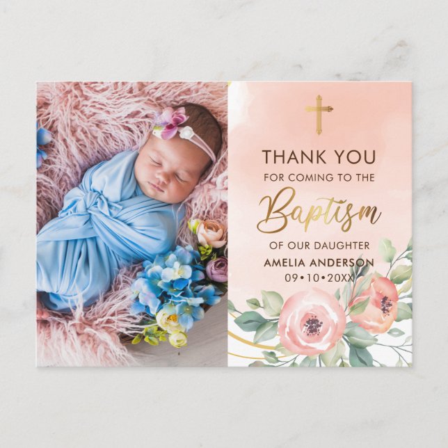 Carte Postale Remerciement pour baptême photo rose et or (Devant)