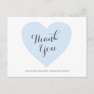 Carte Postale Remerciement pour une Baby Shower Garçon Cœur Bleu