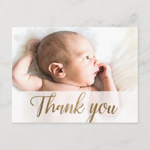 Carte Postale Remerciement Simple Or Script Photo Bébé Personnal