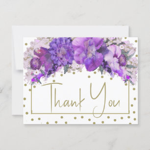 Carte Postale Remerciement Violet Confettis Or Floral