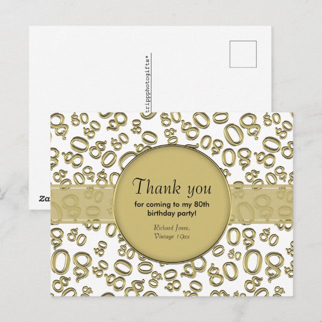 Carte Postale Remerciements: 80e Motif du numéro d'anniversaire  (Devant / Derrière)