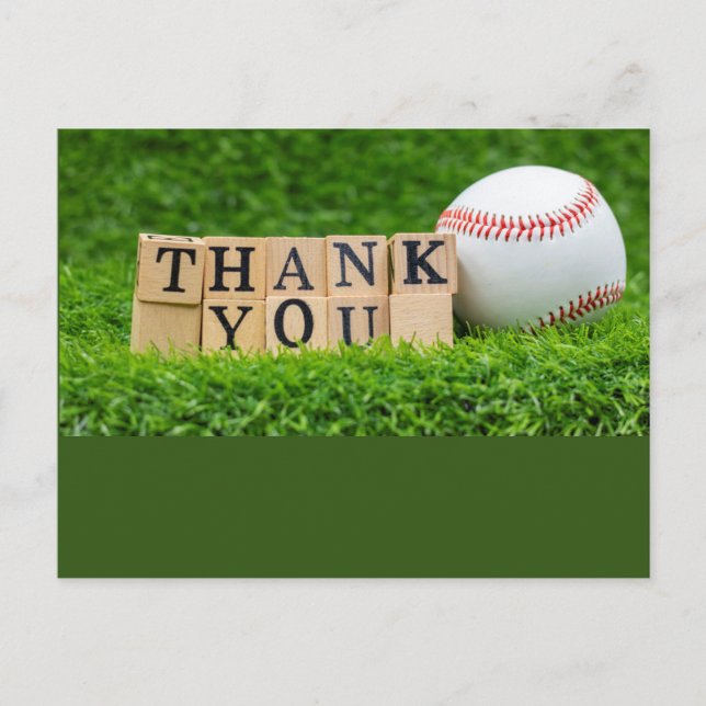 Carte Postale Remerciements baseball avec baseball sur herbe ver (Devant)