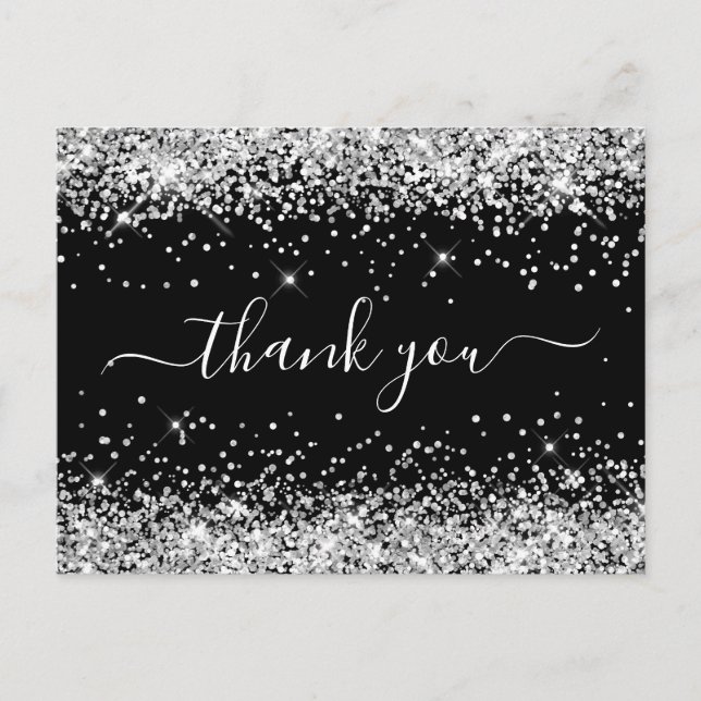 Carte Postale Remerciements de Baby Shower Noir Paillettes Argen (Devant)