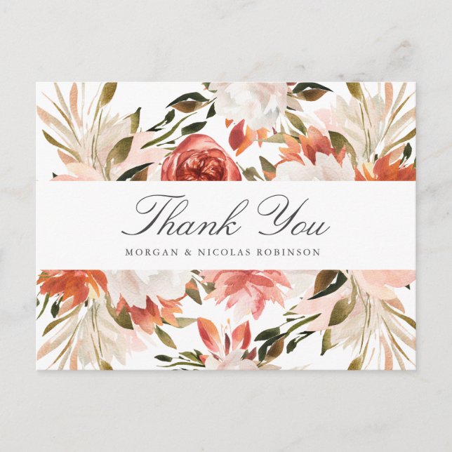 Carte Postale Remerciements de mariage aux motifs floraux subtil (Devant)