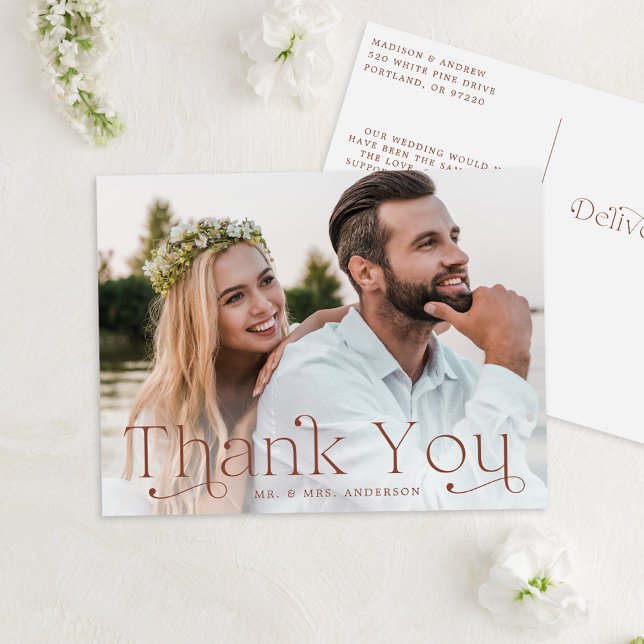Carte Postale Remerciements de mariage avec photo marron élégant (Créateur téléchargé)