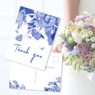 Carte Postale Remerciements Floraux Élégants Bleu Blanc Chinoise
