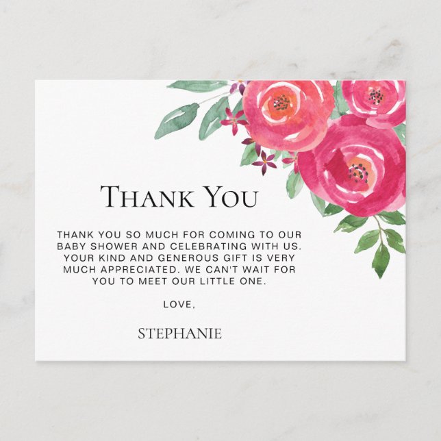 Carte Postale Remerciements pour Baby Shower Fleuris Aquarelle (Devant)