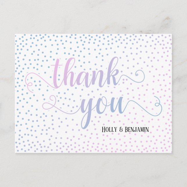 Carte Postale Remerciements Script Rose Bleu Confettis Baby Show (Devant)